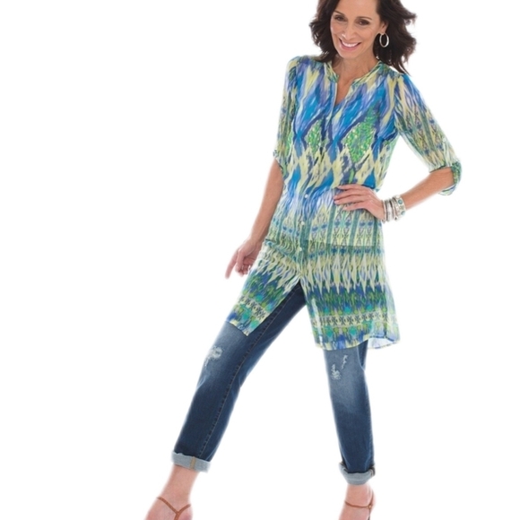 CHICOS Ikat Breeze Multicolored Semi-Sheer Tunic Woman's Size 1 - Picture 2 of 9